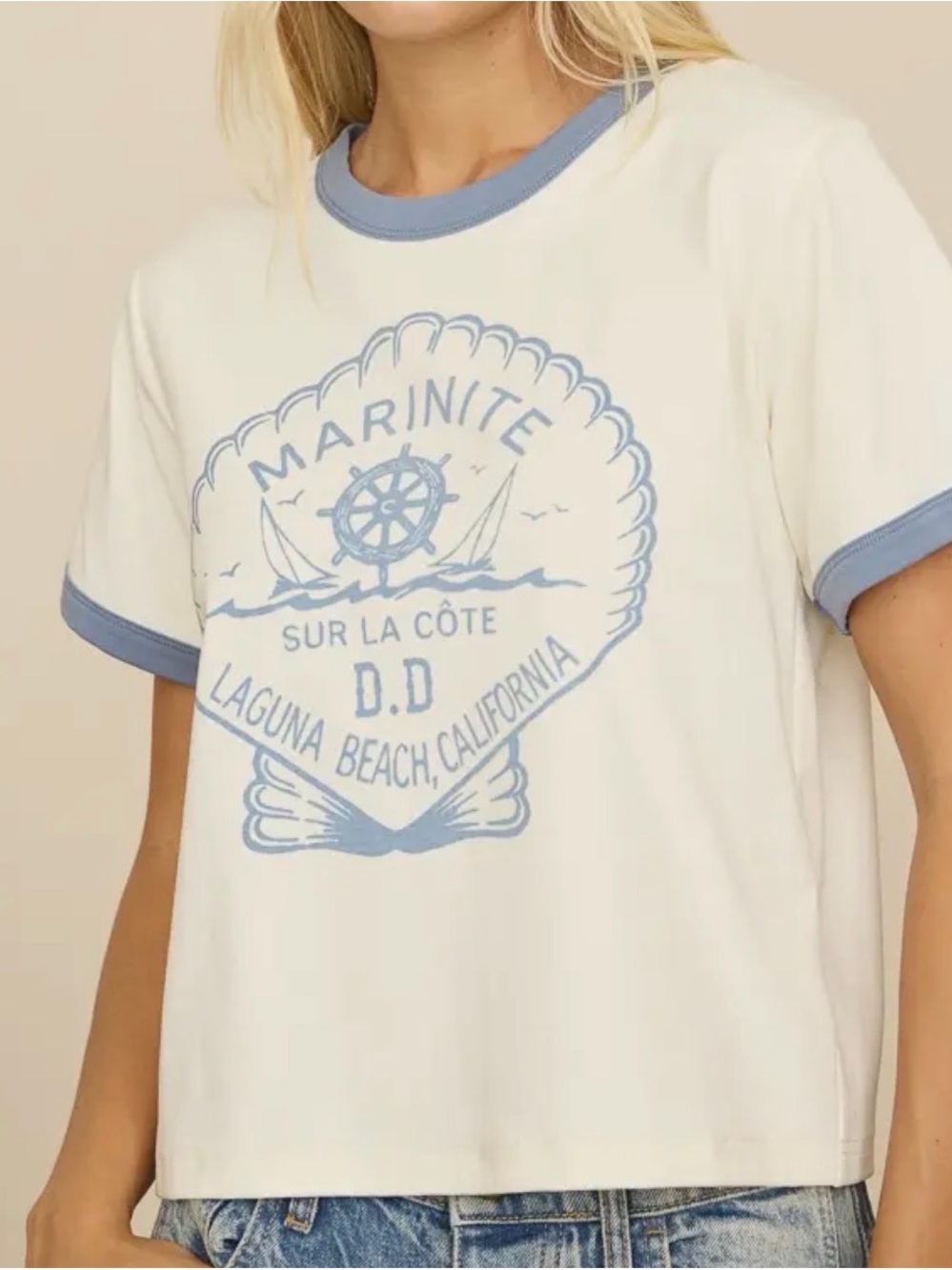 bohme White Ringer Tee with Light Blue Graphic